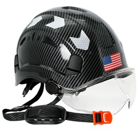 Aolamegs Bright Black Carbon Fiber Patern Hard Hat with Clear Visor-ANSI Z89.1 Hard Hats Construction OSHA Approved for Men Adult,Vented Hardhat with Safety Glasses,Reflective Hard Hat with Chin Strap