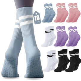 10 pares de Calcetines largos de yoga con agarre para mujer, calcetines de yoga antideslizantes, calcetines de pilates para mujer para Deportes de Interior, Pilates, Yoga, Ballet (5 color)