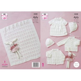 King Cole 5358 Knitting Pattern Baby Coat Cardigan Dress Hat Bonnet Blanket in Comfort 4 Ply