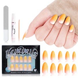 VAVAVAILS Press On Nails Glossy Gradient Yellow Non-Transparent False Nails Fake Nails, Long Almond Nails, Reusable 12 Sizes - 24 Nail Kit with Glue & Jellied Gel
