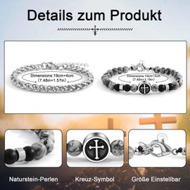 FANCIBAND Cross Bracelet Men's Pearl Bracelet Stainless Steel Natural Stone Bracelets Christian Gifts Confirmation Communion Easter Birthday Gifts for Son Grandson Father Grandfather Husband,