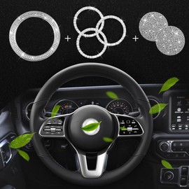 JINGSEN Car Steering Wheel Logo Caps, Bling Car Interior Set With 3 Starter Rings, 2 Coasters - Suitable for Women