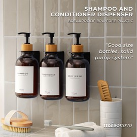 MAISONOVO MaisoNovo Shampoo and Conditioner Dispenser - Shower Soap Dispenser Wall Mounted - 16.9 fl oz Set of 3 Amber Plastic Bottles Black Bamboo Pump - Shampoo Dispenser, Shower Dispenser 3 Chamber No Drill