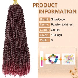 ShowCoco Passion Twist Hair 36 Inch 8Packs Water Wave Passion Twist Crochet Hair Extensions Long Bohemian Braiding Hair (36inch,#TBUG)