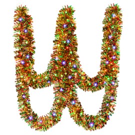 Christmas Garland Prelit Tinsel 32.8 Ft, Green Red Metallic Garlands with 100 LED Lights for Christmas Tree Wreath New Year Party Home Railing Holiday Indoor Outdoor Wedding Decorations