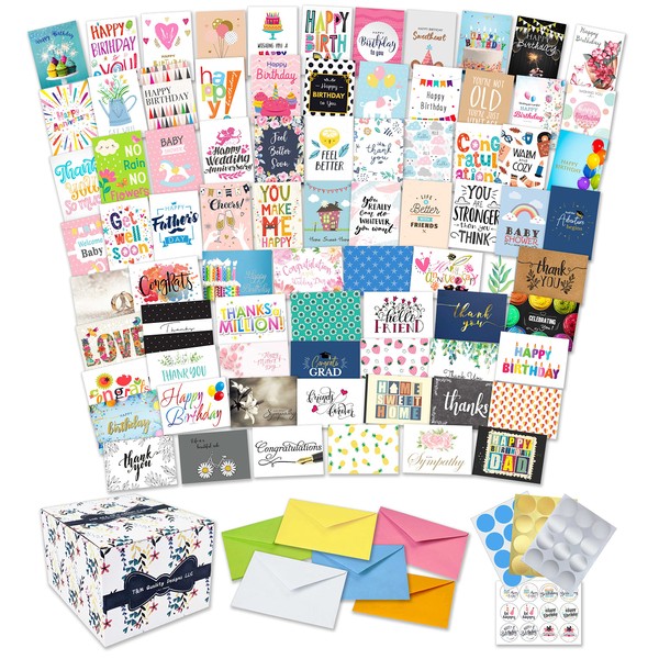 100 All Occasion Cards Assortment Box with Envelopes and Stickers - Large 5x7 Inch Bulk Greeting Cards and Blank Notes, 100 Unique Designs in a Sturdy Card Organizer Box