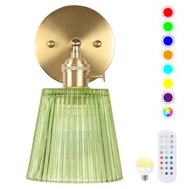 Battery Operated Wall Sconce,Vintage Battery Wall Light with Remote Dimmable Wireless Wall Sconces with Glass Lampshade Rechargeable, Led Wall Lamp Fixtures for Bedroom, Living Room (Stripe Green)