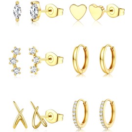 Dochais 6 Paar Ohrringe Für Damen, 14 Karat Vergoldet Hypoallergene Creolen Huggie Ohrstecker Stapelohrringe Chirurgischer Stahl 316l Ohrring Set Gold C