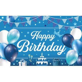 FAMULIA Birthday Tapestry Horizontal Birthday Balloon Girls Boys Decorative Stylish Color 70.9 x 43.3 inches (180 x 110 cm) (Blue/white)