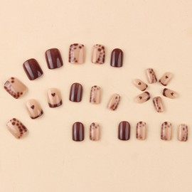 Leopard Print Press on Nails Short Square Fake Nails French Tip Stick on Nails Brown Gradient Glue on Nails Love False Nails Glossy Acrylic Nails Full Cover Artificial Nails Kit for Women Girl 24Pcs