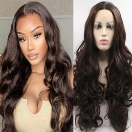 Xiweiya Brown Lace Front Wigs 6# Dark Brown Long Body Wavy Synthetic Lace Front Wig Soft Wig 13x3 Lace Sytnhetic Wig Heat Resistant Fiber Hair 180% Density For Women 24inch