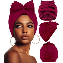 Babalet Stretch Turban Hats for Women - African Double-Layered Headwraps Soft Pre Tied Bonnet Hair Wrap Ruffles Turbans for Black Women, Burgundy