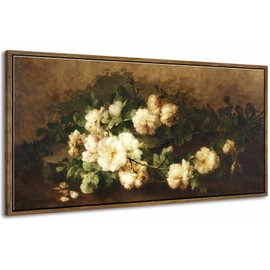 DJSYLIFE Framed Canvas Wall Art, Vintage Flower Pictures Wall Decor, Classical Artwork White Roses Still Life Paintings Print, Home Decorations for Living Room, Bedroom Farmhouse Country Decor 20"x40"