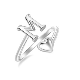 SILBERTALE 925 Sterling Silver Heart Ring with Letters Adjustable Size 50 to 58 Initial A-Z Letter Ring Individual Fashion Jewellery with Gift Box, Silver