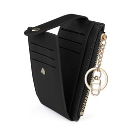 Feelorna Credit Card Holder for Women, PU Leather Front Pocket Slim Wallet with 7 Card Slots and 1 ID Window, Minimalist Small Wallet with Keychain Zipper Coin Pocket (Black)