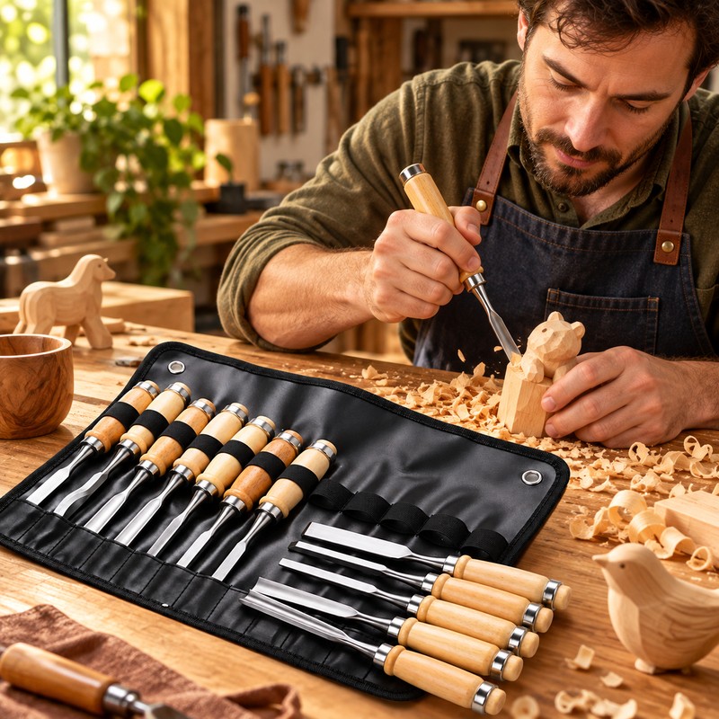 12-Piece Wooden Carving Chisel Set – Full-Size Woodworking Knives and