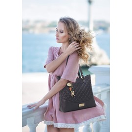 Catwalk Collection Handbags - Women's Quilted Leather Shoulder Bag - Ladies Tote Bag With Zip - Medium/Large - SOFIA - Grey Gold