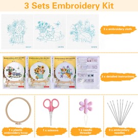 Realjoy 3 Sets Embroidery Kit,Cross Stitch Kits for Adults Beginners, Embroidery Kits Including Embroidery Fabric with 3 Dog Floral Pattern,Embroidery Hoop,Needle and Thread Kit,Instructions