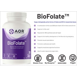 AOR - BioFolate 1mg, 30 Capsules - L-5-MTHF Plus B12 Methylated Folate Supplement for Mood Support - B12 Folate Supplement and Vitamin B9 Folic Acid Supplement - Cardiovascular Supplement