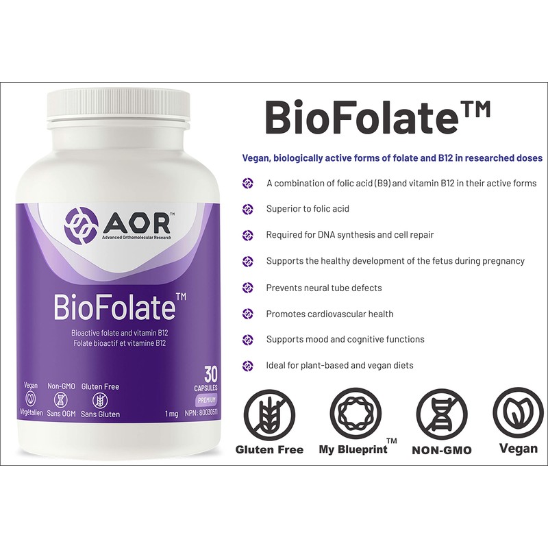 AOR - BioFolate 1mg, 30 Capsules - L-5-MTHF Plus B12