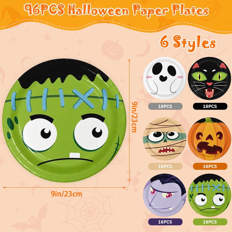 96PCS Halloween Paper Plates, Disposable Party Tableware with 6 Designs