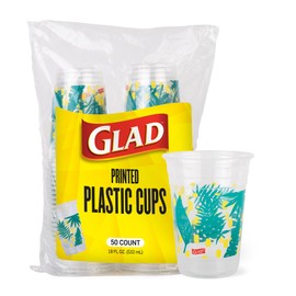 Glad Everyday Clear Plastic Cups with Palm Leaves Print - Strong and Sturdy Drinking Cup for All Occasions, 18 Ounce, 50 Count
