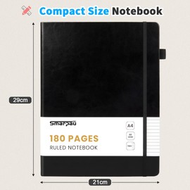 Smarpau A4 Notebook 180 Pages, Leather Lined Journal Notebook for Men Women, Thick Paper No Bleed for Writing, Hardback Notepad for Office School Travel (Black)
