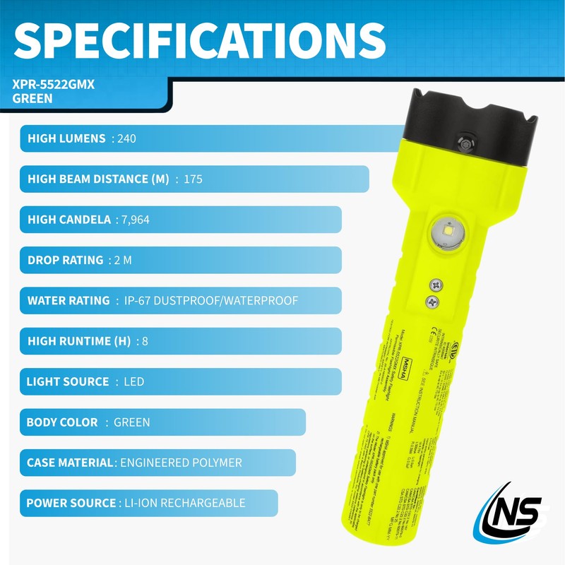 Nightstick XPR-5522GMX Intrinsically Safe Dual-Light Flashlight w/Magnets-Rechargeable-Green-UL913 / ATEX, Multicolor