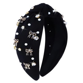 YARIEW Coquette Birthday Decorations Black Bow Knotted Headbands for Women Pearl Rhinestone Jeweled Knotted Top Knot Headband for Women Hair Accessories for Birthday Party Gift