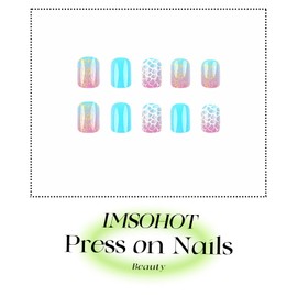 IMSOHOT Blue Press on Nails Short Square Fake Nails Glossy Full Cover Summer Acrylic Squoval False Nails Glue on Nails Cute Artificial Nail Supplies 24Pcs