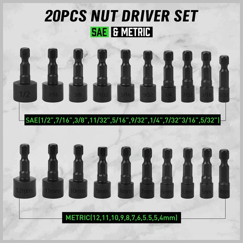 SWANLAKE 20PCS Power Nut Driver Set for Impact Drill, 1/4”