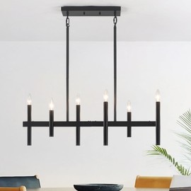 Kitchen Island Lighting 6 Lights 31.89" L Farmhouse Black Chandeliers for Dining Room Light Fixture Linear Chandeliers Over Table Rectangle Pendant Lighting Fixtures Hanging for Living Room Entryway