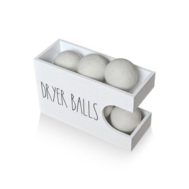 Dryer Ball Holder for Laundry Room, Dryer Balls Container Wall Mount, Wood Dryer Balls Storage Organizer, Wool Dryer Ball Dispenser Basket (White)