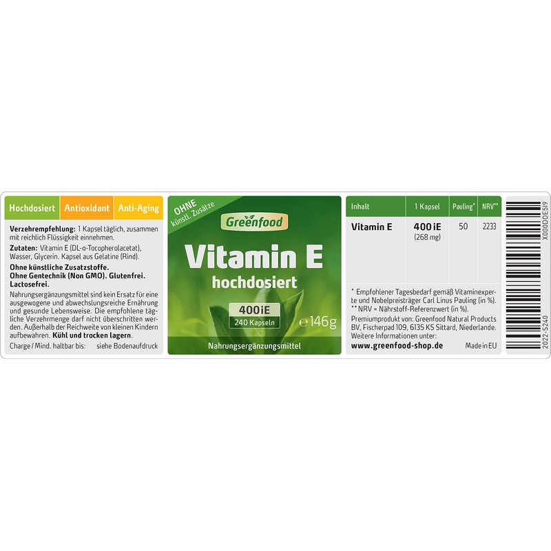 Vitamin E, 400 iE, high dose, 240 capsules - supports