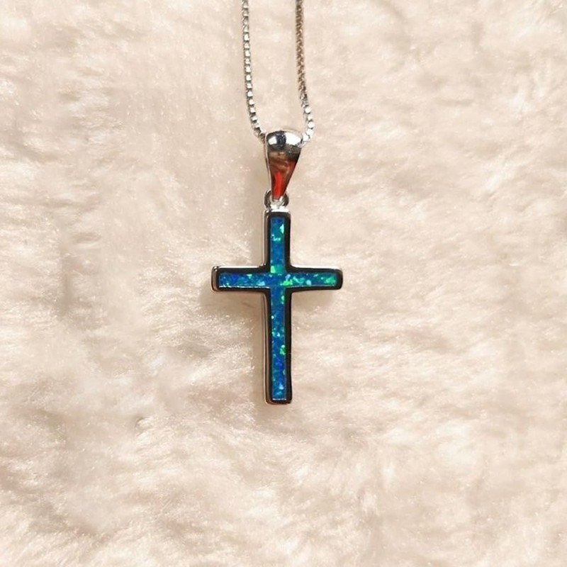 PELEIFA Blue Opal Cross Crucifix Necklace,Opal 925 Stering Silver Saint