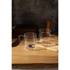 Softfree Glass Coffee Mugs with Heart Insaid, 16OZ Aesthetic Glasses Drinking Cup, Cute Valentine's Day Gift for Her (Clear Pink and Blue)