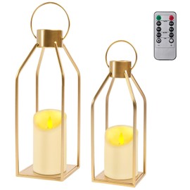 HPC Decor Modern Farmhouse Lantern Decor - 2PCS Gold Metal Candle Lanterns with Waterproof Flickering Candle & Remote Timer, Lanterns Decorative for Living Room, Home, Indoor, Outdoor, Table Decor.