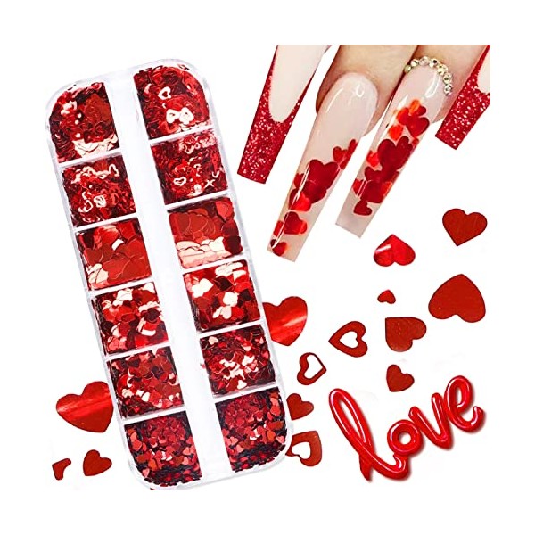 12 Grids Red Heart Glitter Nail Sequins 3D Valentine's Day Nail Art Stickers Decals Love Nail Sequin Heart Nail Supplies Sparkle Nail Flakes Heart Design for Acrylic Nails Valentines Glitter Charms