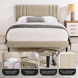 Decoro Chicago Modern Tufted Upholstered Platform Full Size Bed Frame, Linen