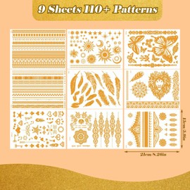 9 Sheets Gold Temporary Tattoos, Metallic Flash Waterproof Tattoo Stickers for Women and Adults, Mandala, Flower, Lace, Body Art Fake Tattoos for Festival Vacation