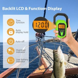 PENTASPI Fish Scale with Lip Gripper, Waterproof Digital Fish Scale, 110lb/50kg Hanging Fish Weight Scale, Portable Luggage Scale with Tape Measure, LCD Backlit, Batteries, for Home Fishing, Green
