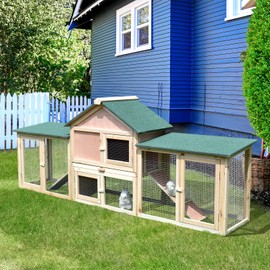 PawHut 83" Wooden Rabbit Hutch Large Bunny House Chicken Coop with Double Running Boxes Removable Tray & Waterproof Roof, Natural