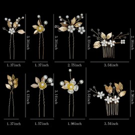 SUBANG 8 Pieces Bridal Wedding Hair Pins Gold Leaf Crystal Flower Pearl Hair Forks Vintage Wedding Hairpin Accessories for Brides Bridesmaids Women