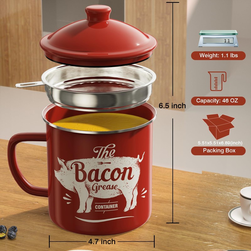 Bacon Grease Container With Strainer, 46OZ Large Enamel Grease Container,