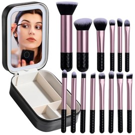 BS-MALL Juego de 14 brochas de maquillaje con espejo de luz LED, herramientas cosméticas prémium para rutinas de belleza impecables (negro)