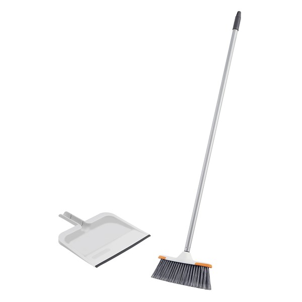 Superio Angle Broom and Clip-On Dustpan Set, Slim Hand Broom Telescopic Handle 53 Inches Tall, Clip On Dust Pan with Low Edge Rubber Lip