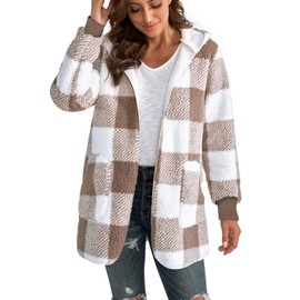 Yanekop Sherpa Jacket Women 2025 Fall Jacket Long Fleece Hoodies Cozy Sweaters Warm Winter Clothes Hooded Cardigan(A Khaki Plaid,3XL)