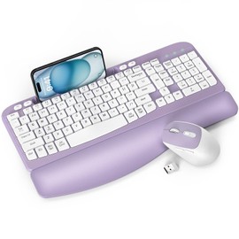 Wireless Keyboard and Mouse Combo, Wave Keys Full-Sized Ergonomic Keyboard with Cushioned Plam Rest, Phone Holder, Comfortable Natural Typing, 2.4G Cordless Set for Computer, Laptop, PC, Mac, Windows