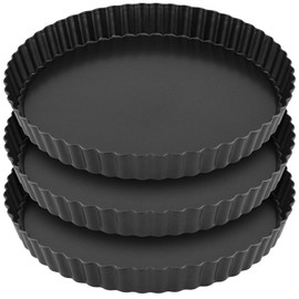 YUENPUN Quicheform, Kuchenform, abnehmbarer Boden, rund, antihaftbeschichtet, geriffelt, Karbonstahl, loser Boden, zum Backen, Pizza, Obstkuchen, Käsekuchen, 3 Stück
