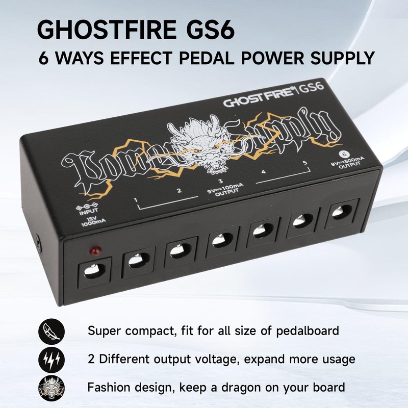 GHOSTFIRE GS6 Guitar Pedal Power Supply 9V/1000mA High Current for